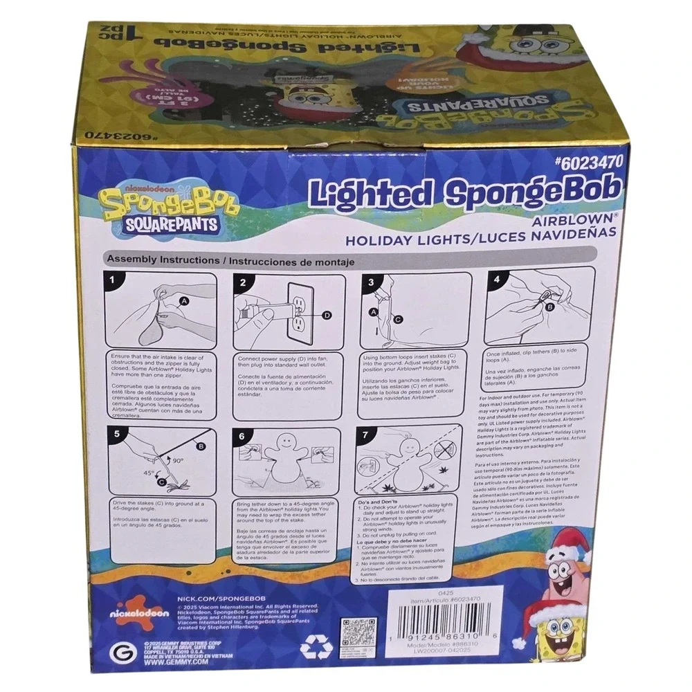 Gemmy SpongeBob SquarePants‎ Lighted Airblown Inflatable 3 Ft Christmas Yard NEW